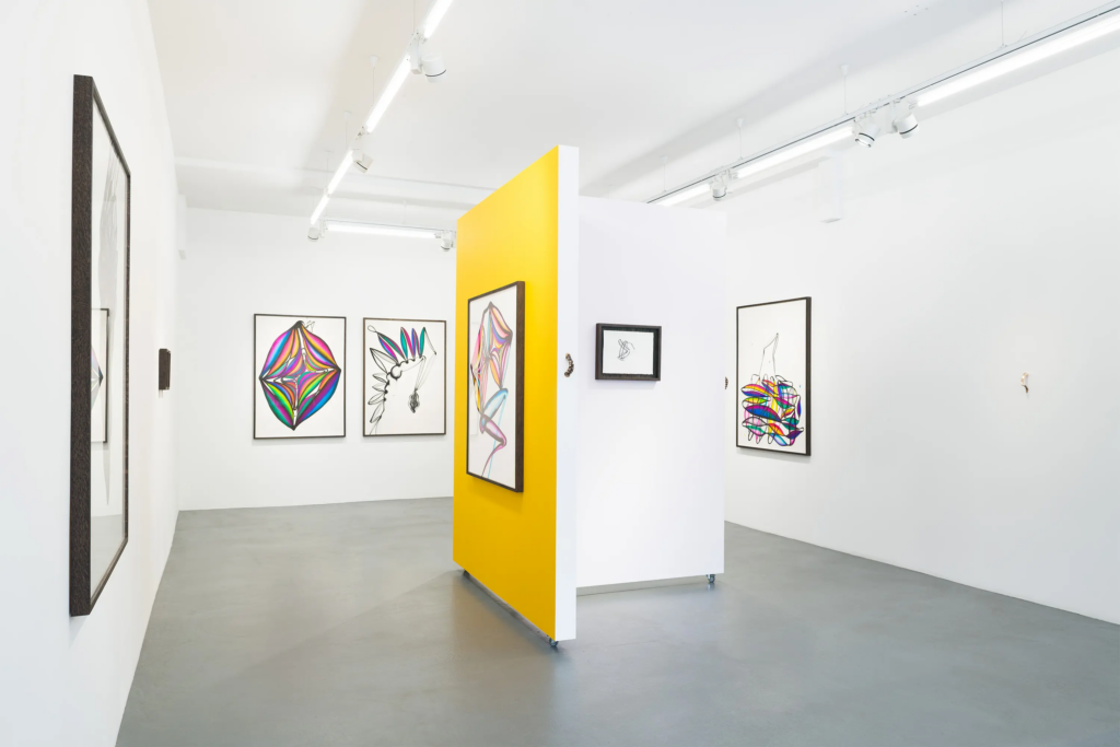 Colourful artworks around a yellow wall at Kogo Gallery